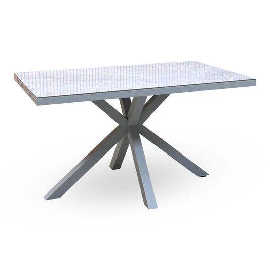 Fumo high gloss grey dining table with marble-effect top and star-shaped grey metal base, angled view