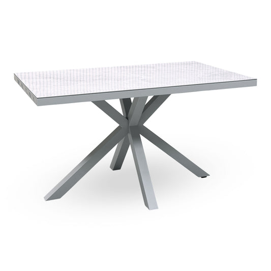 Fumo high gloss grey dining table, angled view from the left showing the marbled grey top and grey star base
