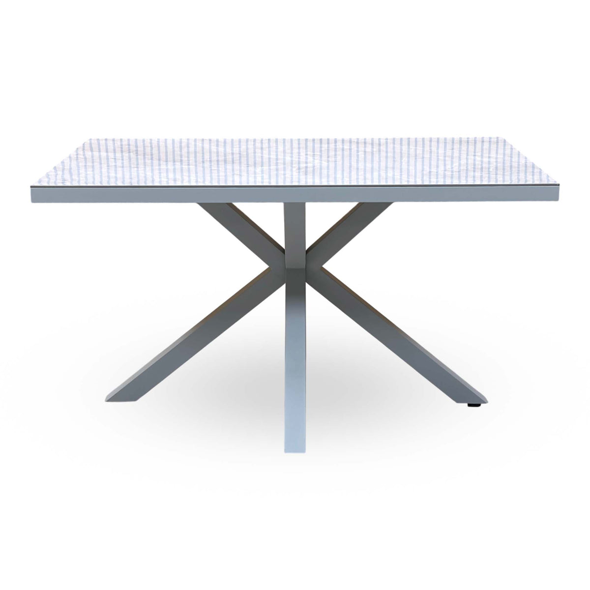 Front view of the Fumo high gloss grey dining table showing the crossed grey metal legs
