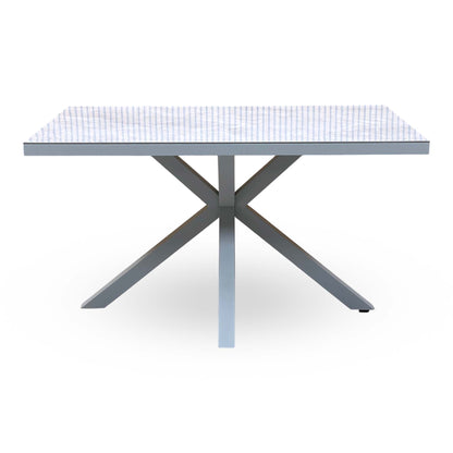 Front view of the Fumo high gloss grey dining table showing the crossed grey metal legs