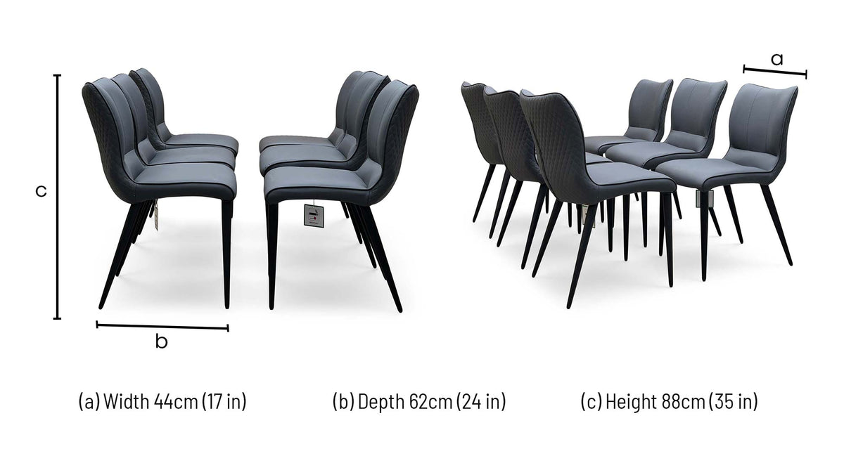 Clio grey faux leather dining chair dimensions: width 44cm, depth 62cm, height 88cm