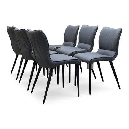 Clio grey faux leather dining chairs, set of six with quilted backs and black tapered legs, angled view