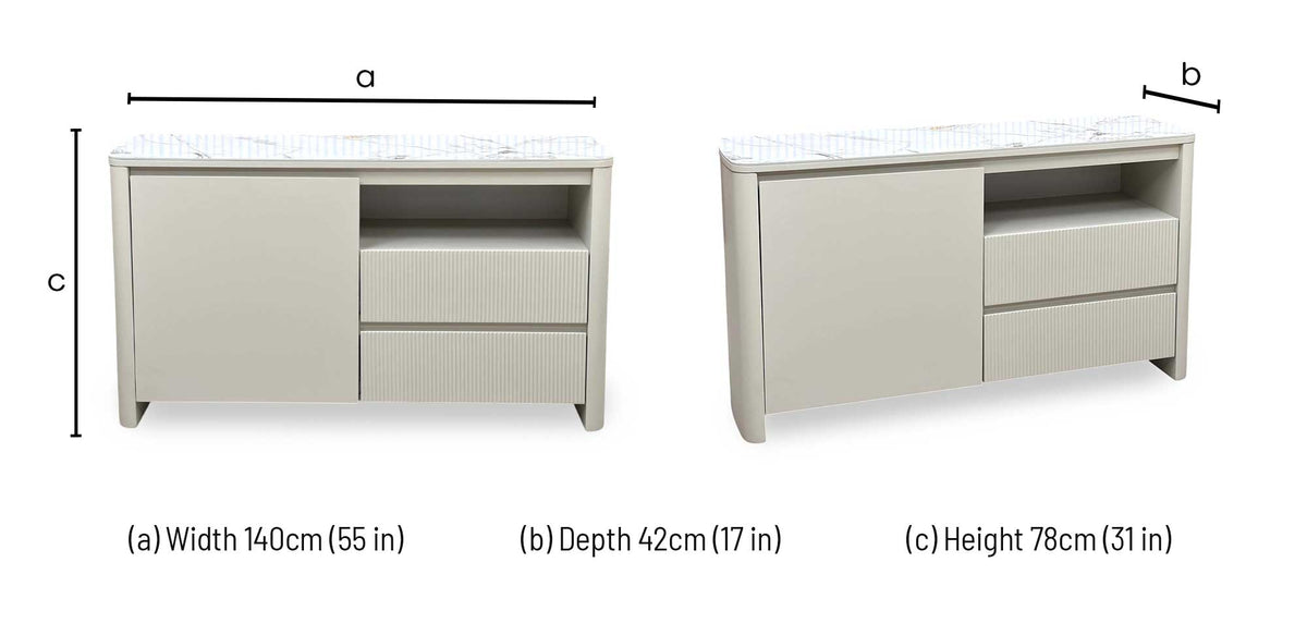 Avorio ceramic top small sideboard dimensions: width 140cm, depth 42cm, height 78cm