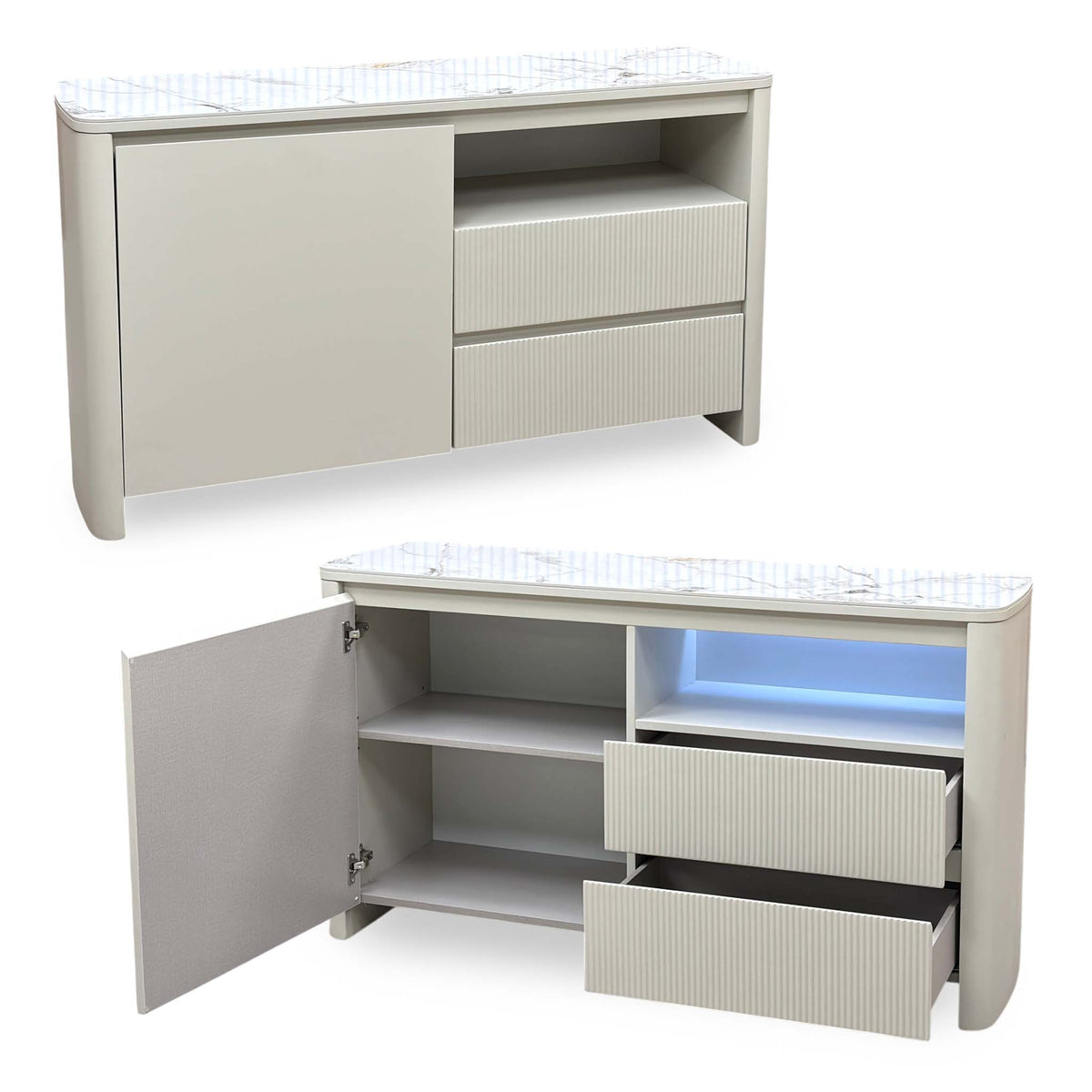 Avorio ceramic top small sideboard shown closed and open with shelves, two drawers and blue LED lighting