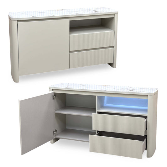 Avorio ceramic top small sideboard shown closed and open with shelves, two drawers and blue LED lighting