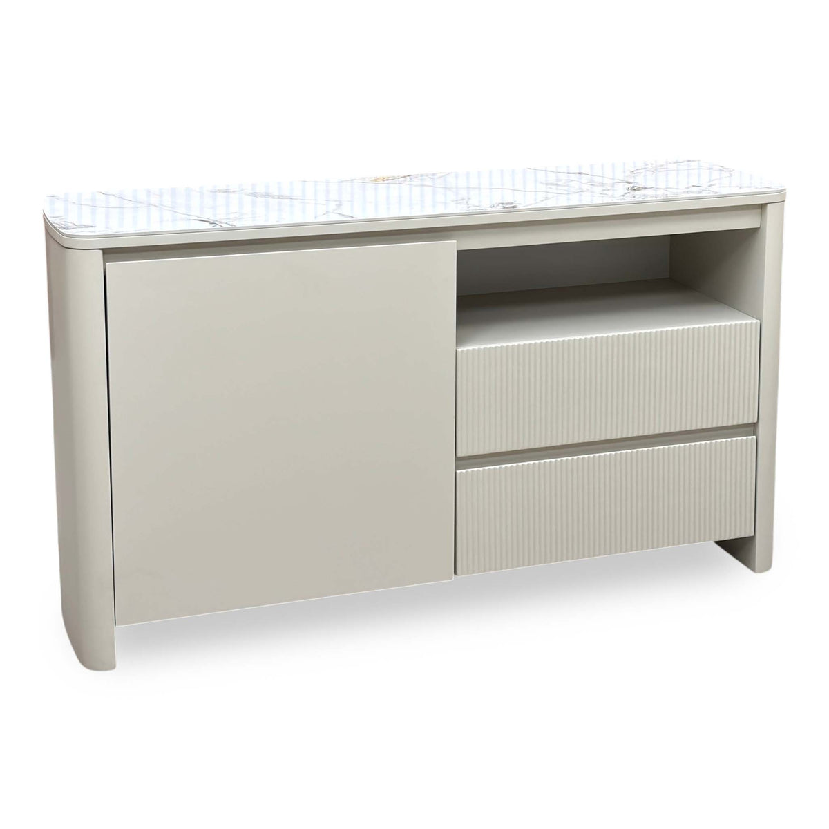 Avorio ceramic top small sideboard with one door, open shelf and two ribbed drawers, angled from the left