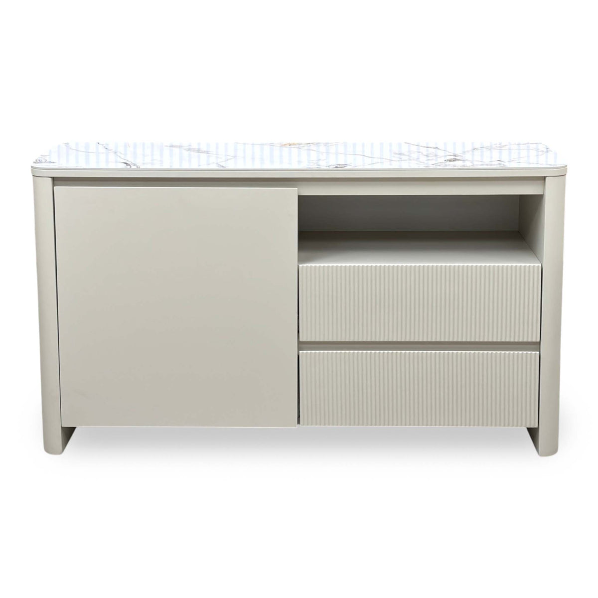 Front view of the Avorio ceramic top small sideboard with curved ends and ribbed drawer fronts