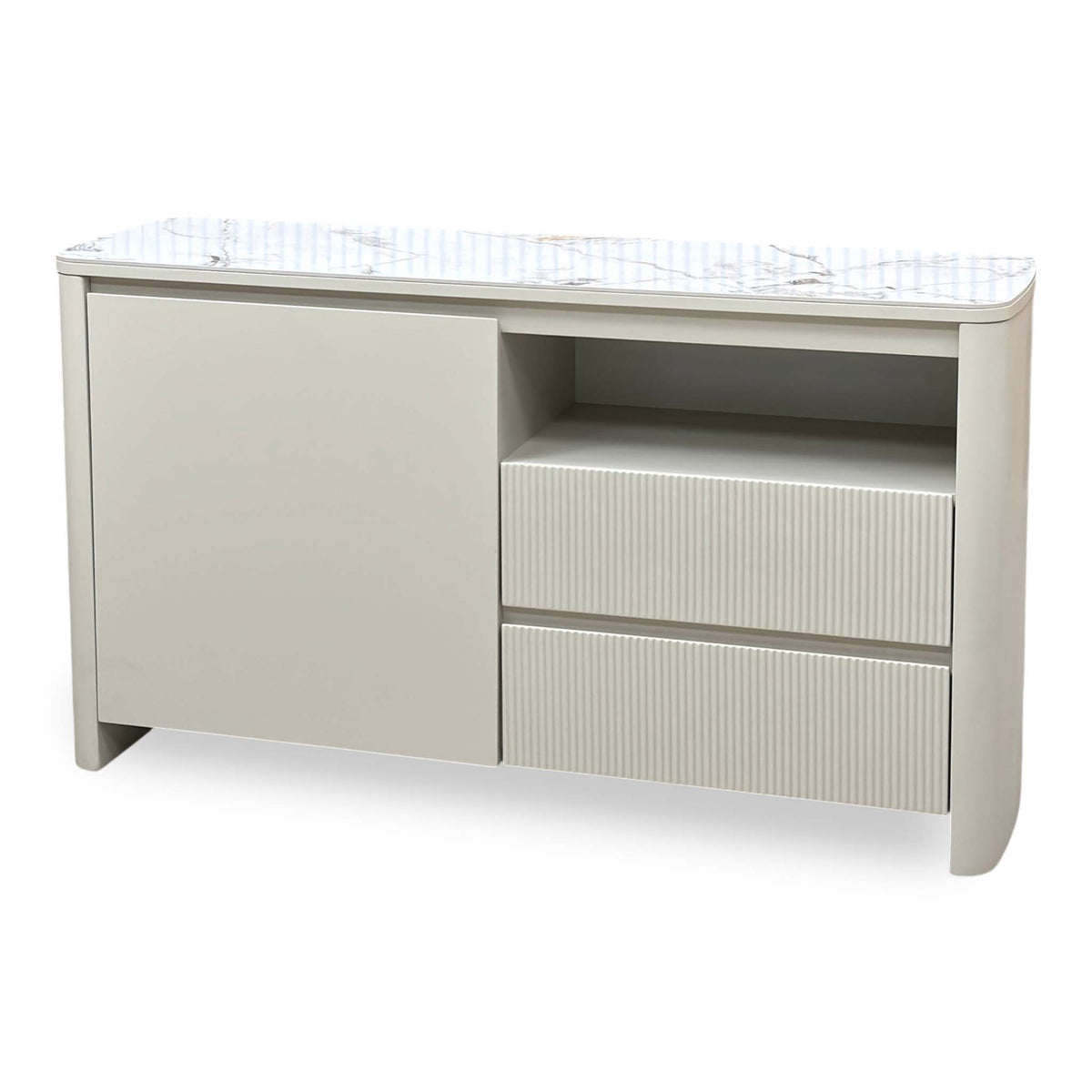 Avorio ceramic top small sideboard with one door and two ribbed drawers, angled from the right