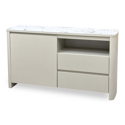 Avorio ceramic top small sideboard with one door and two ribbed drawers, angled from the right