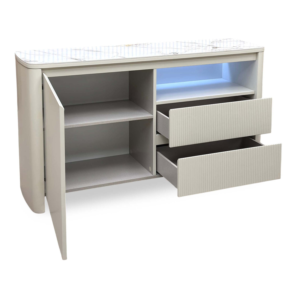 Avorio ceramic top small sideboard with the door and drawers open and blue LED lighting on, from the right