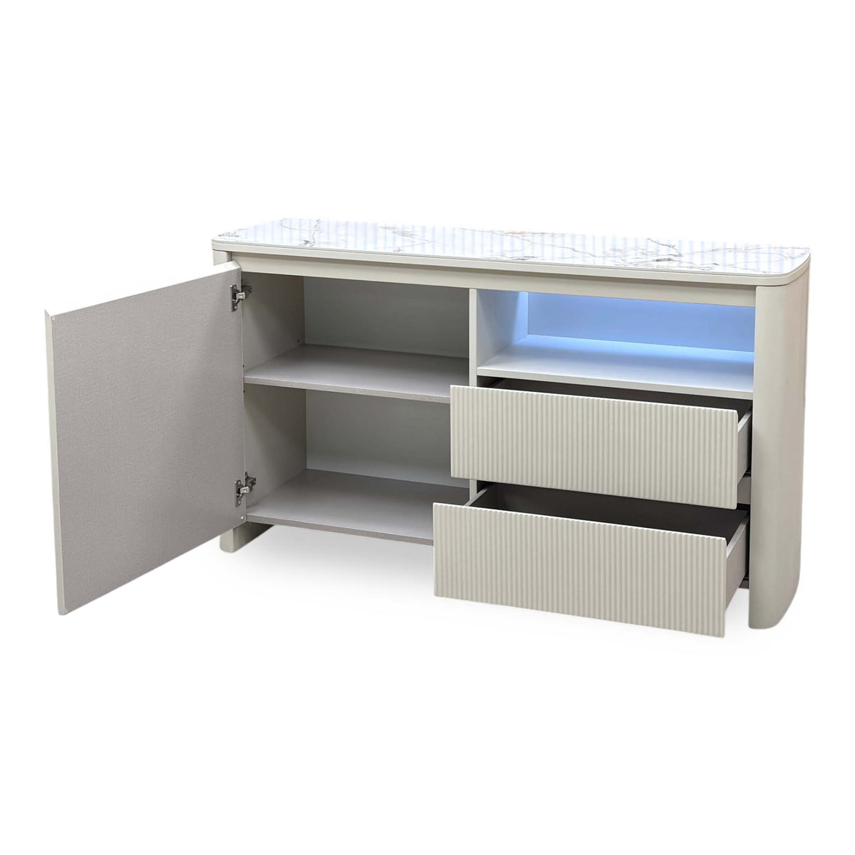 Avorio ceramic top small sideboard with the door and drawers open and blue LED lighting on, from the left