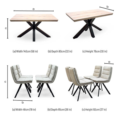 Bodahl 'Njord' 8 Vintage Grey Solid Oak 140cm Compact Soft Edge Dining Table with Sand Beige Fabric Swivel Chairs X 4