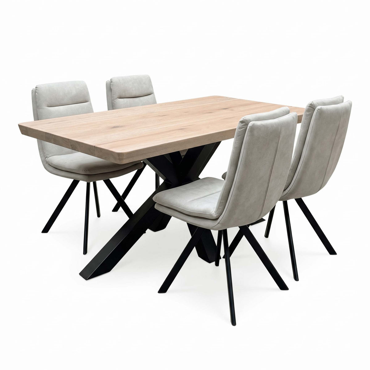 Bodahl 'Njord' 8 Vintage Grey Solid Oak 140cm Compact Soft Edge Dining Table with Sand Beige Fabric Swivel Chairs X 4