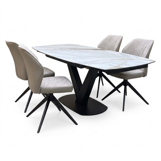 'Julio' Fiorentino Marble Ceramic Top 130cm Swivel Extending Dining Table + Cream Fabric Swivel Chairs Set of 4