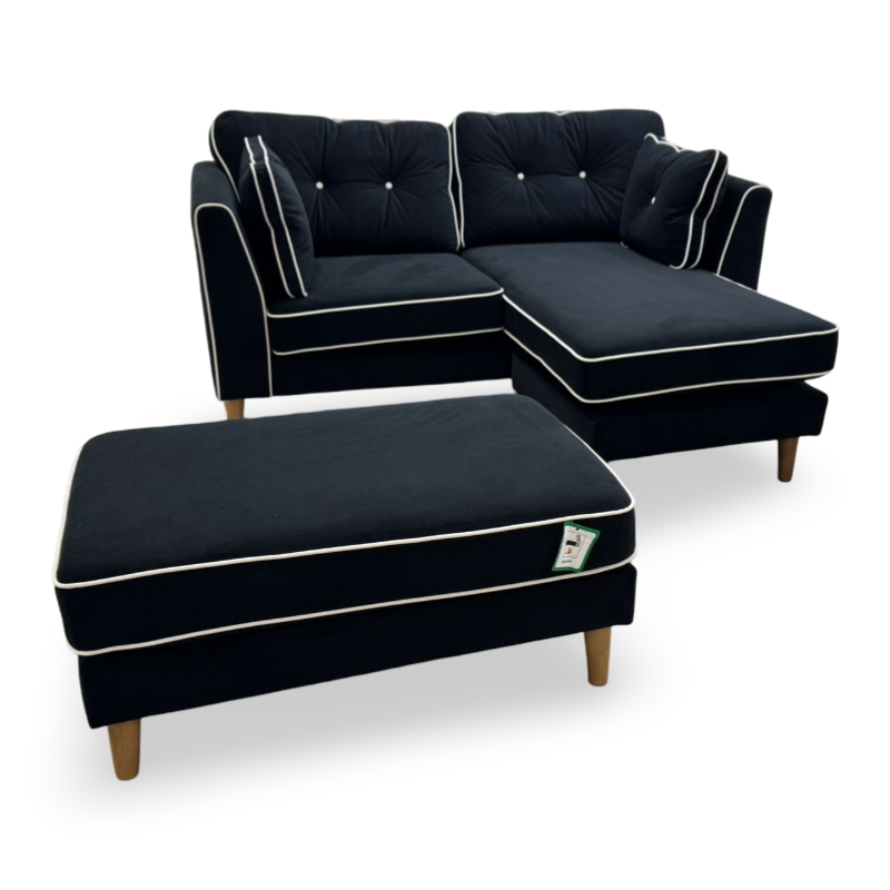 Rugby Black Velvet Fabric 3 Seater Reversible Lounger with Footstool