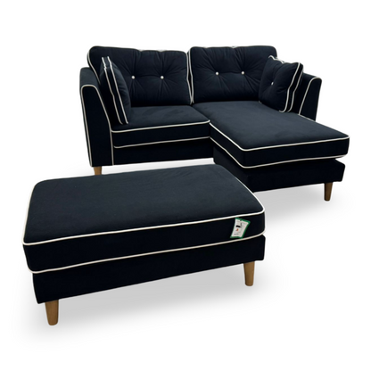 Rugby Black Velvet Fabric 3 Seater Reversible Lounger with Footstool