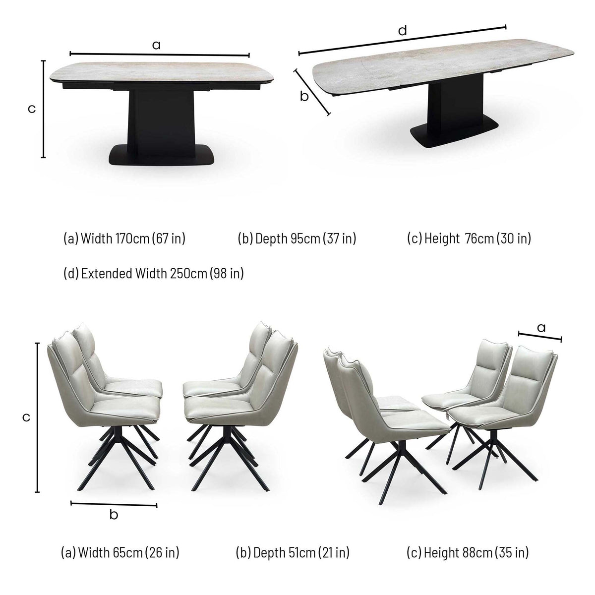 Catalina set dimensions: table width 170cm, depth 95cm, height 76cm, extended 250cm; chairs 65 x 51 x 88cm