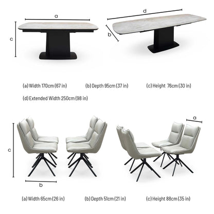 Catalina set dimensions: table width 170cm, depth 95cm, height 76cm, extended 250cm; chairs 65 x 51 x 88cm