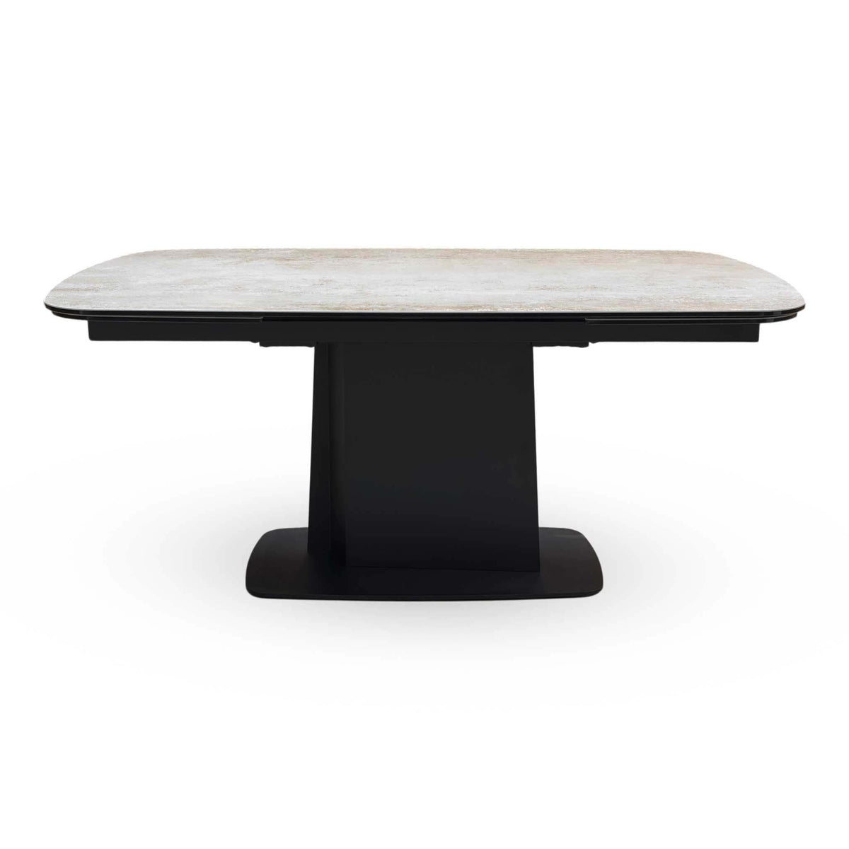 Front view of the Catalina ceramic top dining table closed on its black central pedestal base