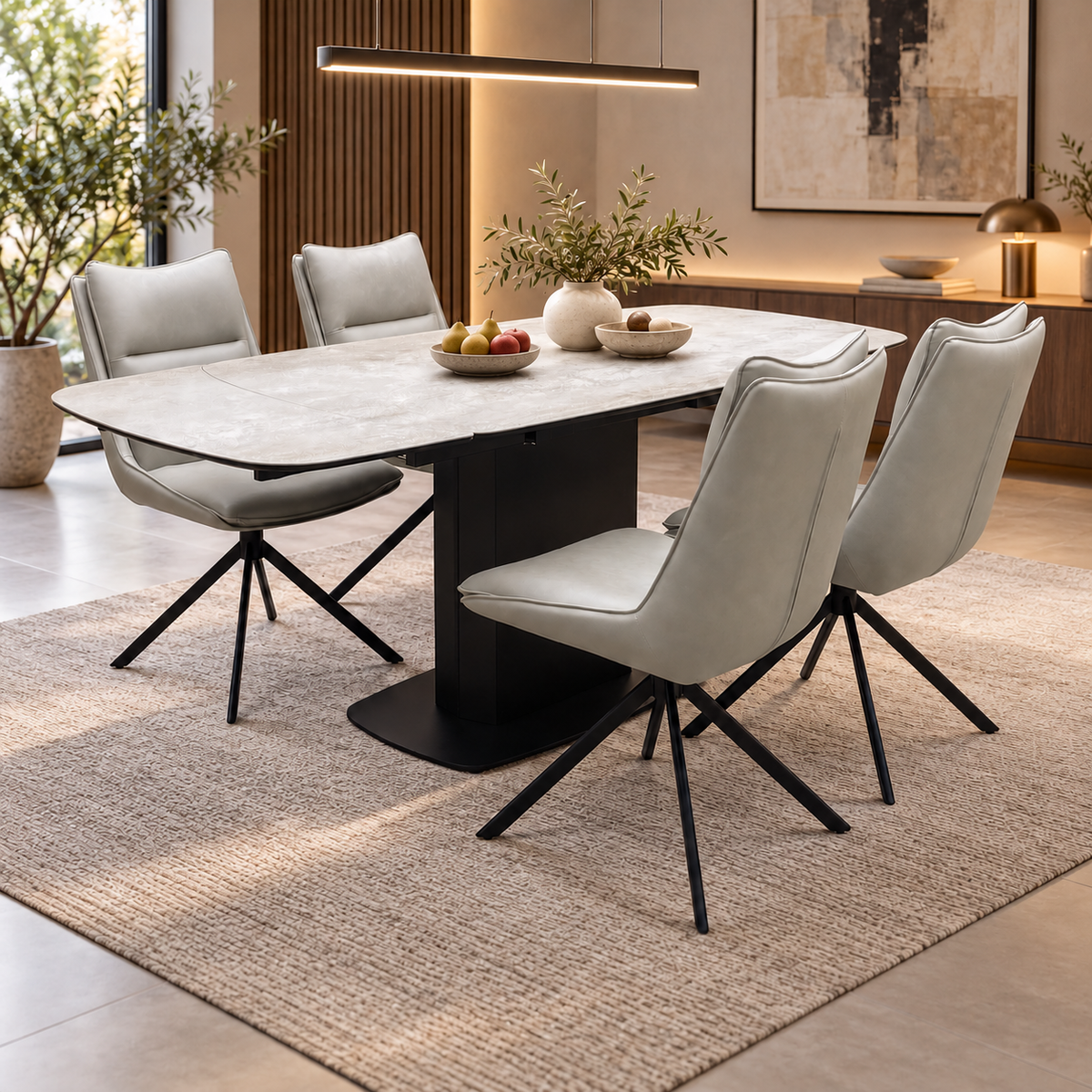 Catalina ceramic top dining table and four taupe swivel chairs in a dining room with a fruit bowl and beige rug