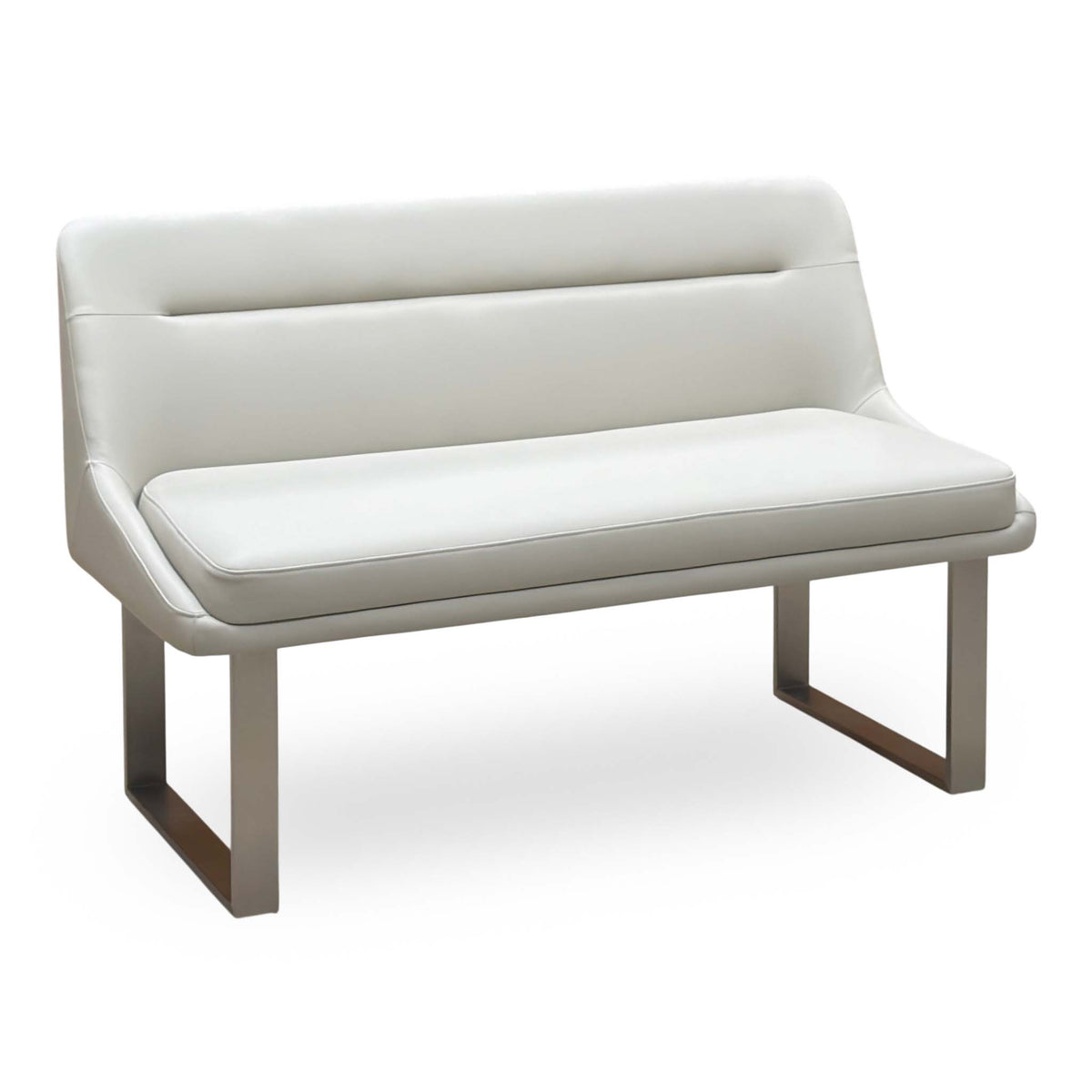 Avorio neutral faux leather high back dining bench on brushed steel sled legs, angled view