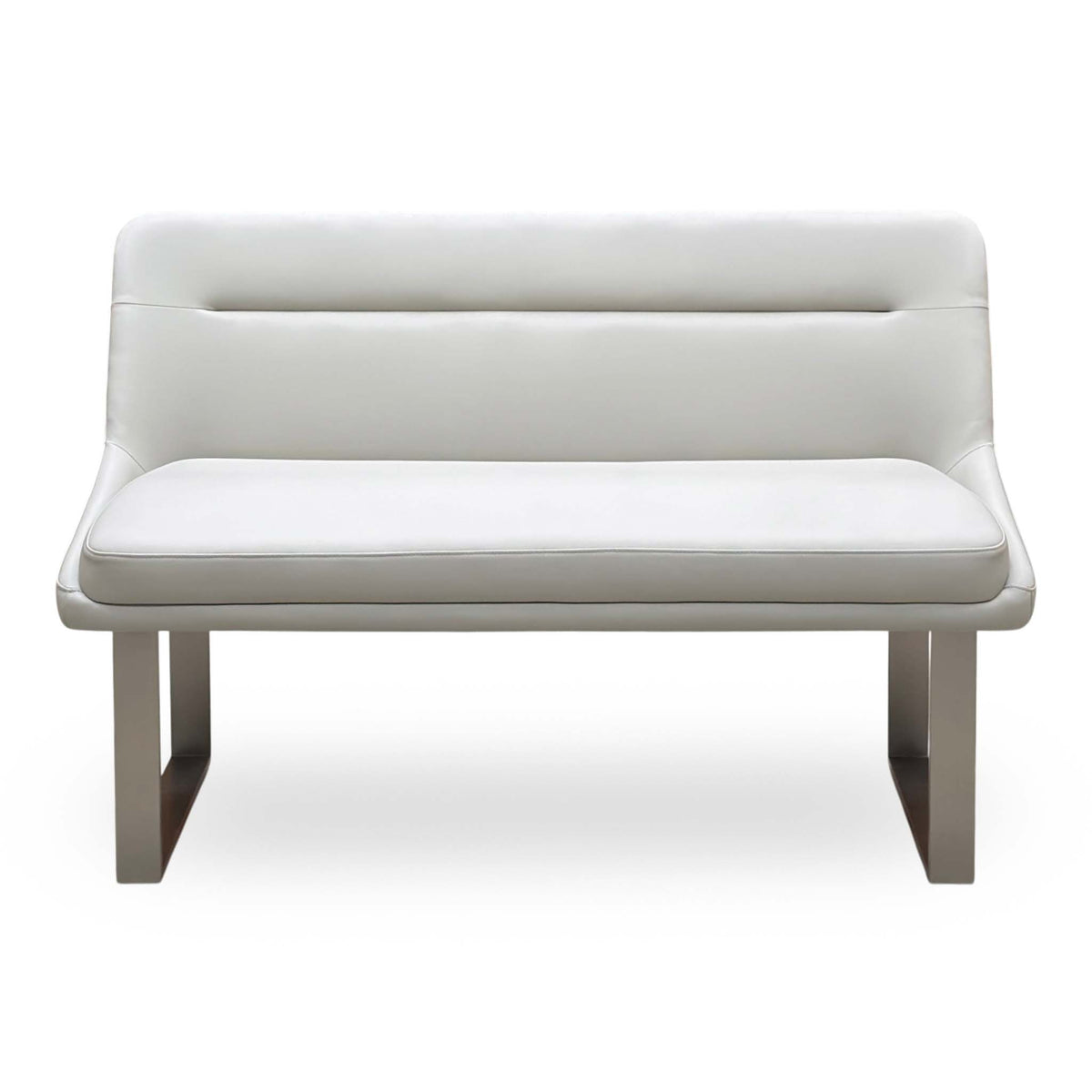 Front view of the Avorio neutral faux leather high back dining bench with steel sled legs