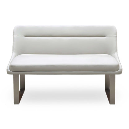 Front view of the Avorio neutral faux leather high back dining bench with steel sled legs