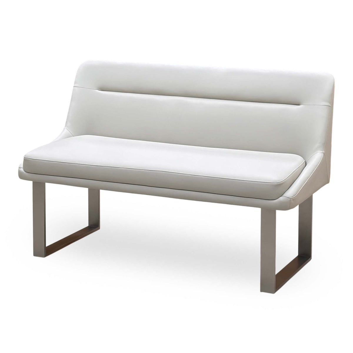 Avorio neutral faux leather high back dining bench angled from the left showing the stitched back panel