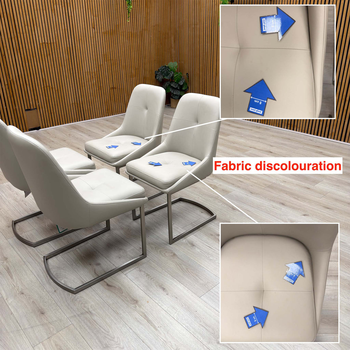 Avorio faux leather dining chairs with inset close-ups of discolouration on a seat and back, marked with arrows