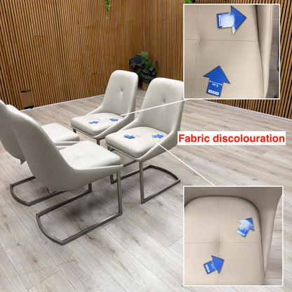 Avorio faux leather dining chairs with inset close-ups of discolouration on a seat and back, marked with arrows