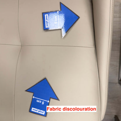 Closer view of the discolouration on the Avorio dining chair seat cushion, marked with 5cm arrows