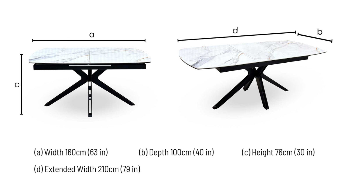 Jose Fiorentino dining table dimensions: width 160cm, depth 100cm, height 76cm, extended width 210cm