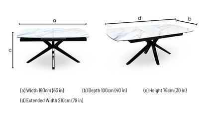 Jose Fiorentino dining table dimensions: width 160cm, depth 100cm, height 76cm, extended width 210cm