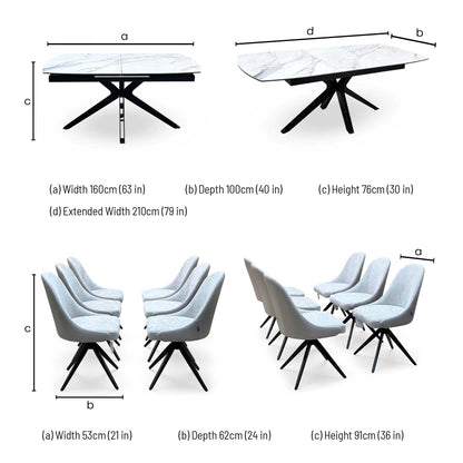 'Jose' Fiorentino Marble Ceramic Top 160cm Pop up Extending Dining Table with Stone Grey Faux Leather Swivel Chairs X 6