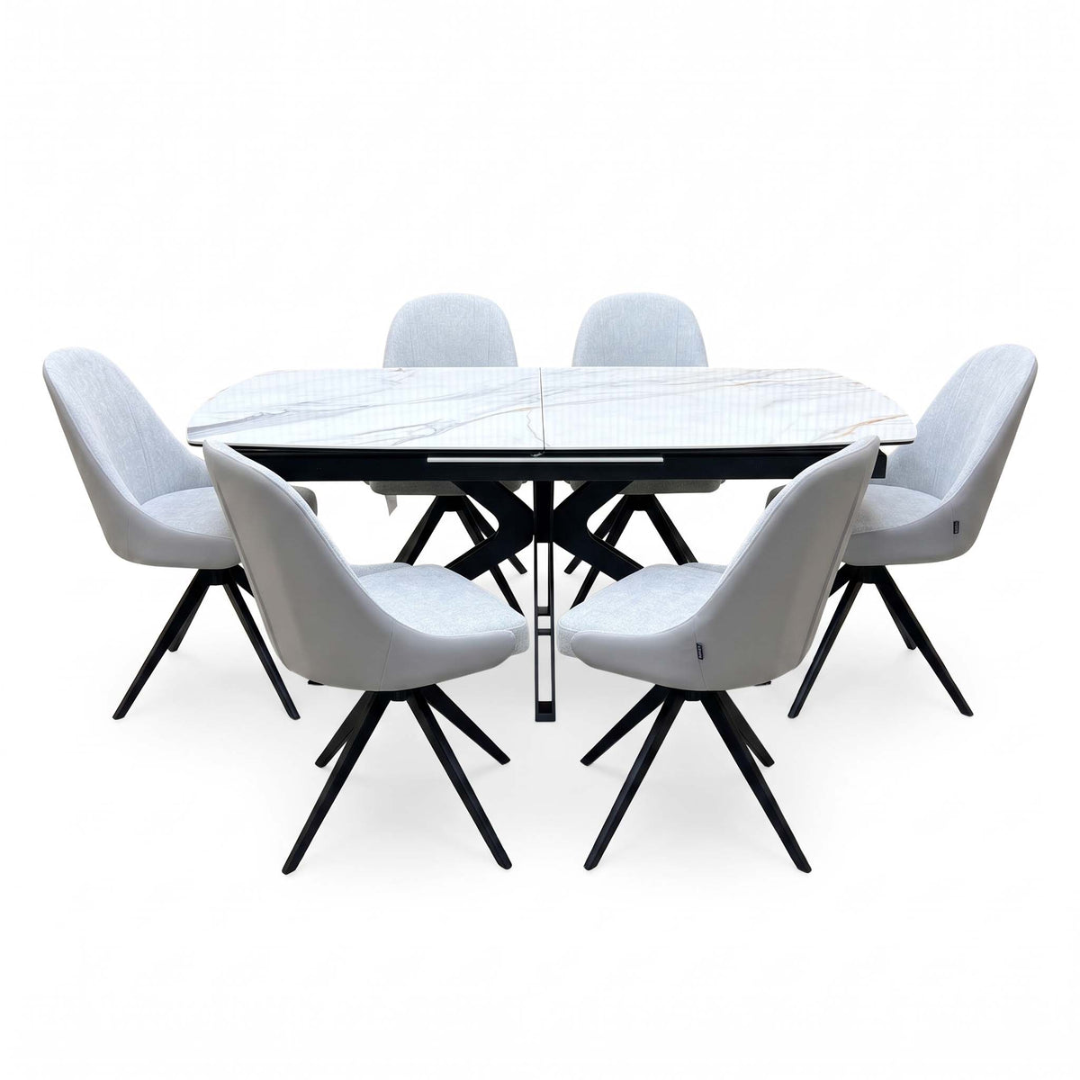 'Jose' Fiorentino Marble Ceramic Top 160cm Pop up Extending Dining Table with Stone Grey Faux Leather Swivel Chairs X 6