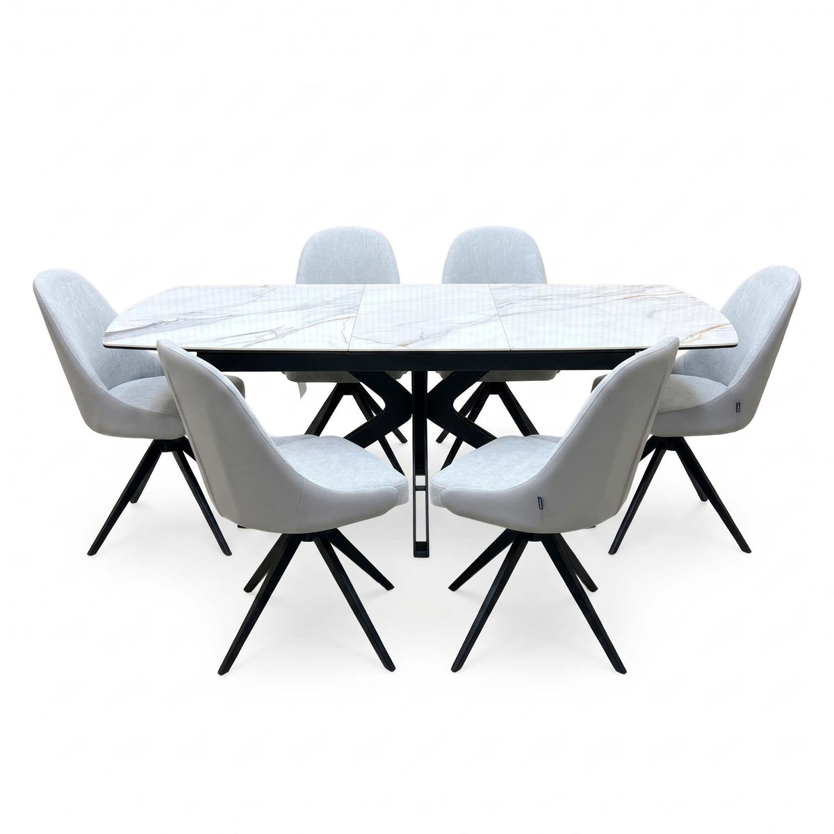 'Jose' Fiorentino Marble Ceramic Top 160cm Pop up Extending Dining Table with Stone Grey Faux Leather Swivel Chairs X 6