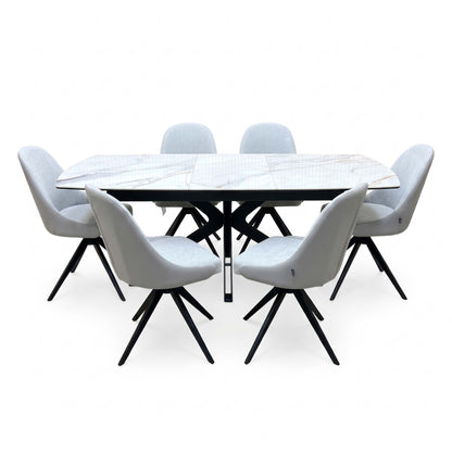 'Jose' Fiorentino Marble Ceramic Top 160cm Pop up Extending Dining Table with Stone Grey Faux Leather Swivel Chairs X 6