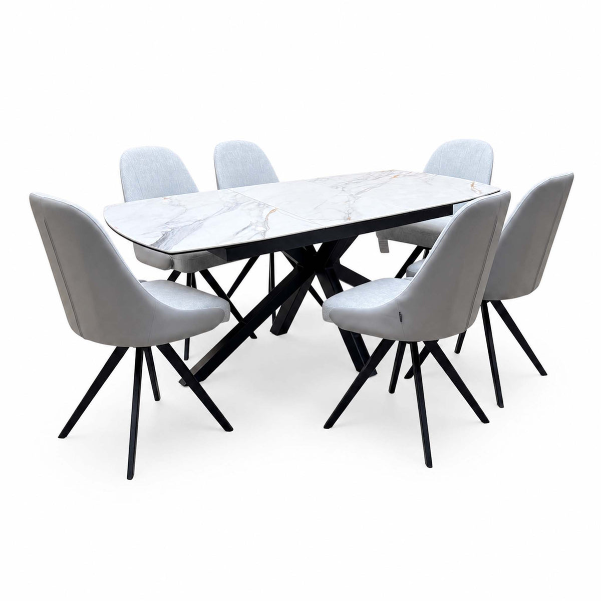 'Jose' Fiorentino Marble Ceramic Top 160cm Pop up Extending Dining Table with Stone Grey Faux Leather Swivel Chairs X 6