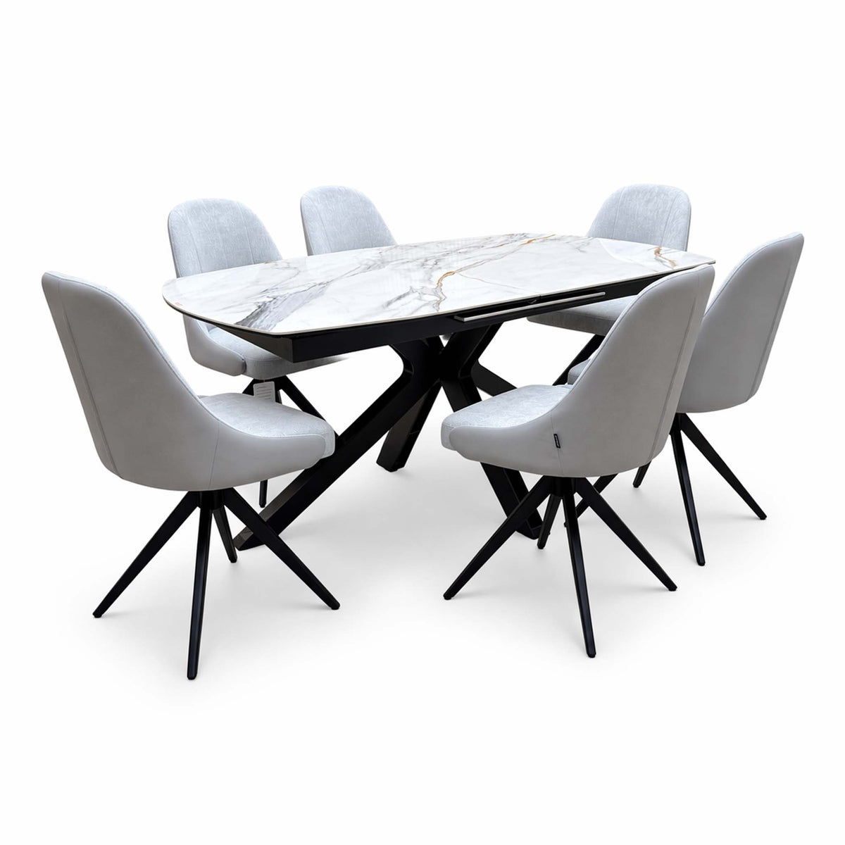 'Jose' Fiorentino Marble Ceramic Top 160cm Pop up Extending Dining Table with Stone Grey Faux Leather Swivel Chairs X 6