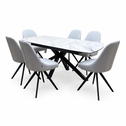 'Jose' Fiorentino Marble Ceramic Top 160cm Pop up Extending Dining Table with Stone Grey Faux Leather Swivel Chairs X 6