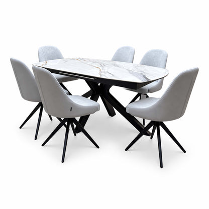 'Jose' Fiorentino Marble Ceramic Top 160cm Pop up Extending Dining Table with Stone Grey Faux Leather Swivel Chairs X 6