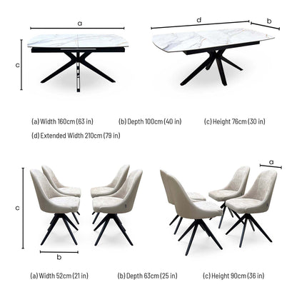 'Jose' Fiorentino Marble Ceramic Top 160cm Pop up Extending Dining Table with Pebble Beige Fabric Set of 4 Swivel Chairs