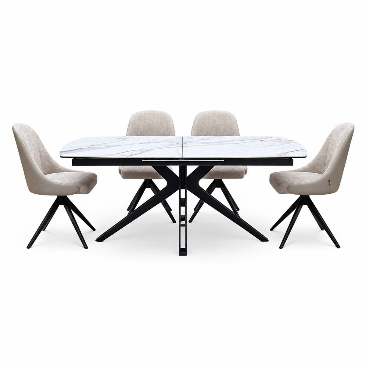 'Jose' Fiorentino Marble Ceramic Top 160cm Pop up Extending Dining Table with Pebble Beige Fabric Set of 4 Swivel Chairs