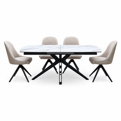 'Jose' Fiorentino Marble Ceramic Top 160cm Pop up Extending Dining Table with Pebble Beige Fabric Set of 4 Swivel Chairs