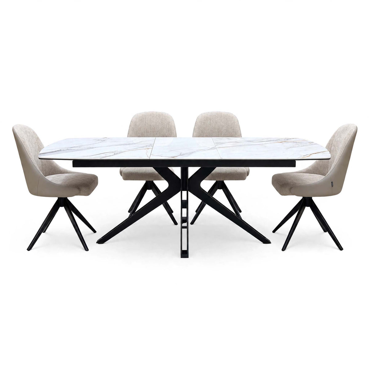'Jose' Fiorentino Marble Ceramic Top 160cm Pop up Extending Dining Table with Pebble Beige Fabric Set of 4 Swivel Chairs