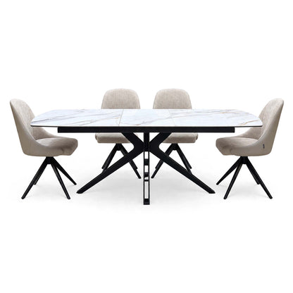 'Jose' Fiorentino Marble Ceramic Top 160cm Pop up Extending Dining Table with Pebble Beige Fabric Set of 4 Swivel Chairs