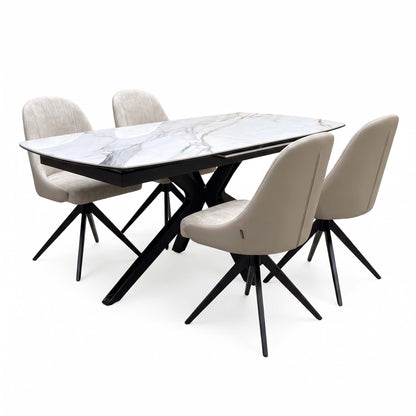 'Jose' Fiorentino Marble Ceramic Top 160cm Pop up Extending Dining Table with Pebble Beige Fabric Set of 4 Swivel Chairs