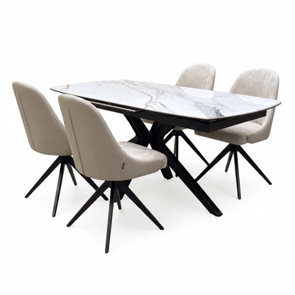 'Jose' Fiorentino Marble Ceramic Top 160cm Pop up Extending Dining Table with Pebble Beige Fabric Set of 4 Swivel Chairs