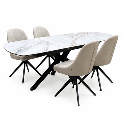 'Jose' Fiorentino Marble Ceramic Top 160cm Pop up Extending Dining Table with Pebble Beige Fabric Set of 4 Swivel Chairs