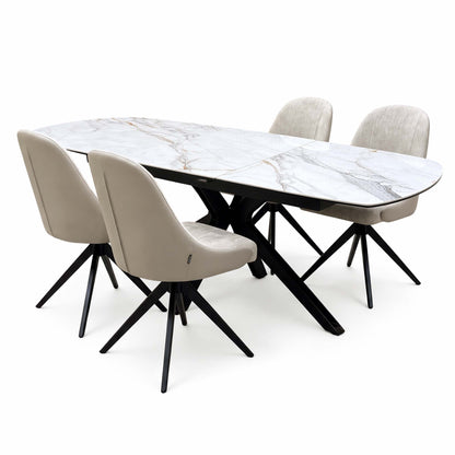 'Jose' Fiorentino Marble Ceramic Top 160cm Pop up Extending Dining Table with Pebble Beige Fabric Set of 4 Swivel Chairs